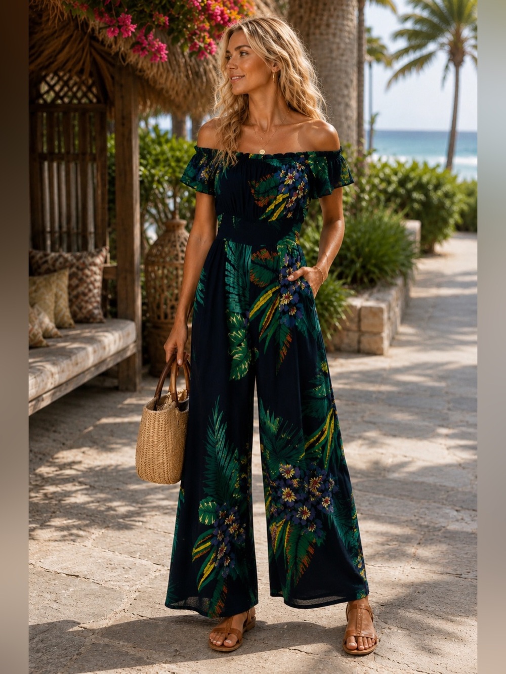 Patrons of Peace Tropical Floral Off-Shoulder Jumpsuit Sz S